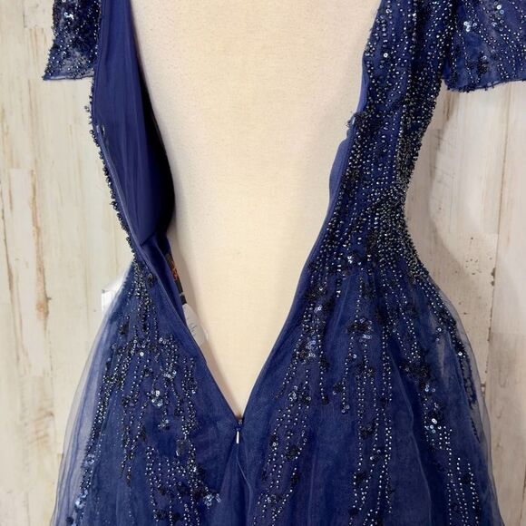 Mac Duggal Midnight Blue Embellished Flutter Sleeve Tea-Length Dress Size 0 NEW! - Picture 11 of 13